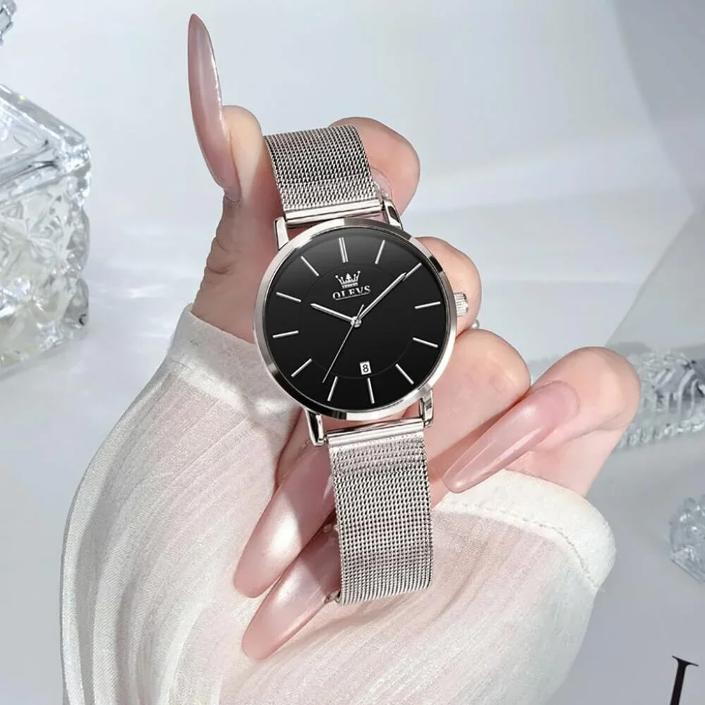 Women's Silver Black Watches for Ladies Female Wrist Watch Leather Band